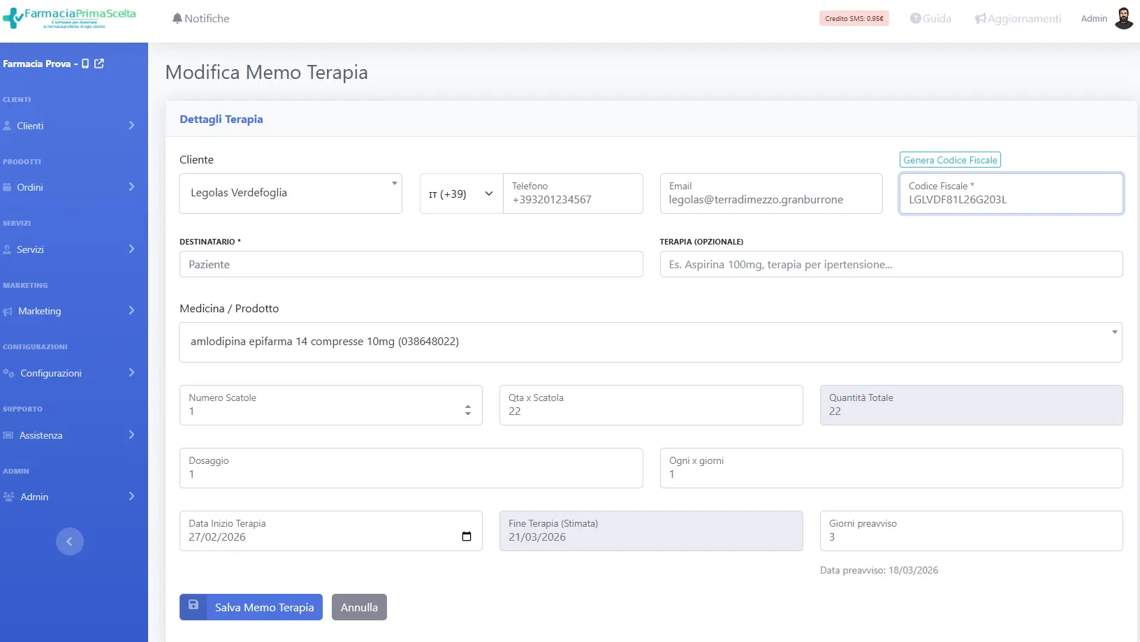 Memo terapie: promemoria automatici alla scadenza della terapia del cliente